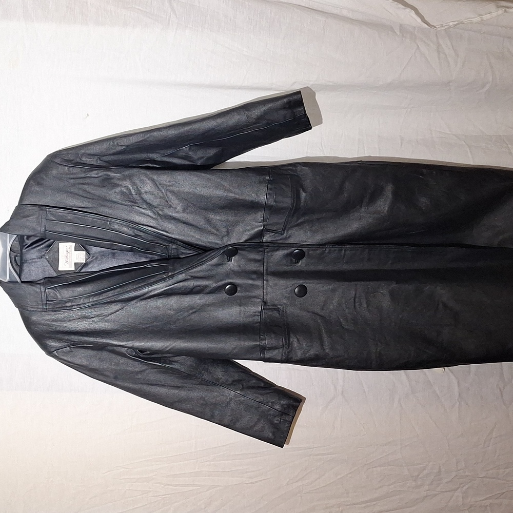 Vintage Black Leather Coat, Long Double Breasted, Worthington, Sz 4 NWOT
